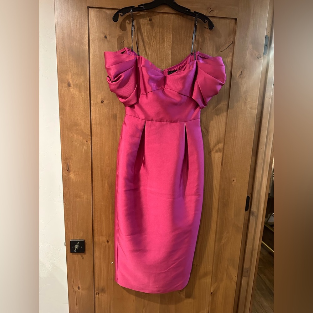 Theia Off-the-Shoulder Fuchsia Satin Cocktail Dress
